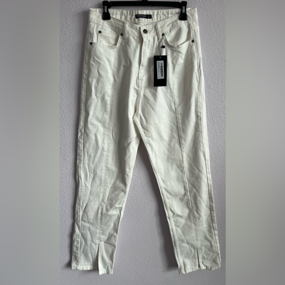 NWT NASTY GAL WHITE WOMENS SPLIT FRONT JEANS SIZE 9 Organic Cotton - Picture 1 of 5